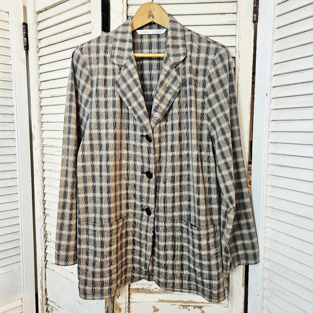 Vintage 90s Marks & Spencer Linen Blend Plaid Boyfriend Blazer Made In UK S/M